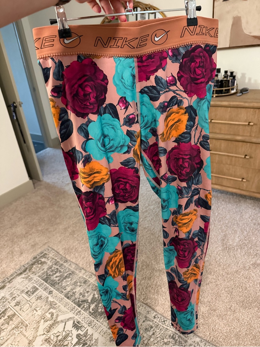 Nike Peach Floral Leggings with Teal, Magenta & Gold Roses